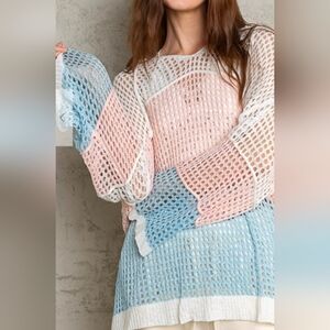 POL White, Pink, and Blue  Colorblock Knit Hoodie Sz M.  NWOT